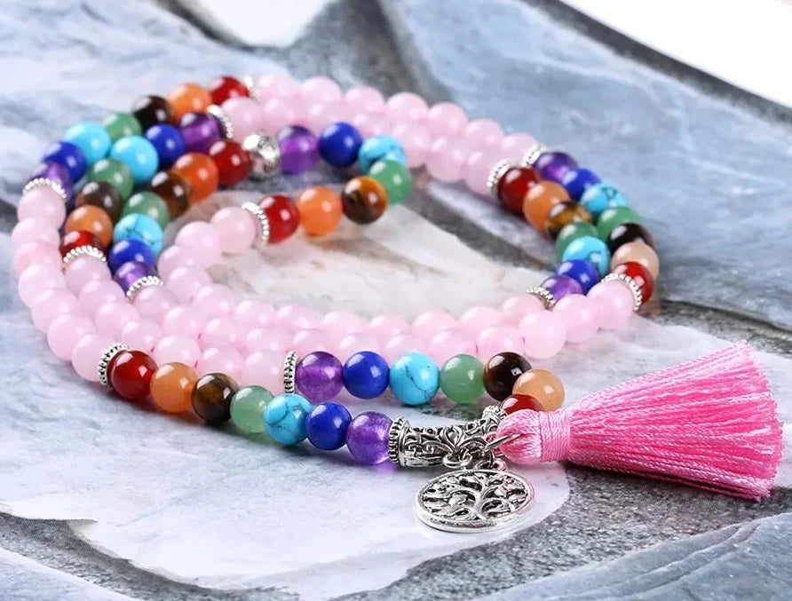 Natural Pink Quartz Chakra Mala Beads with Tassel and Charm