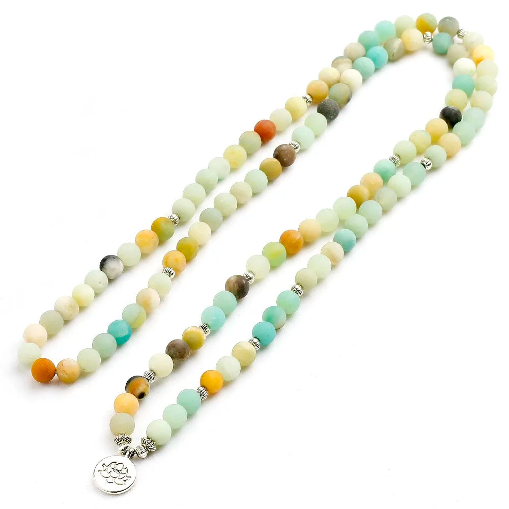 Natural Matte Amazonite Mala Beads with Charm