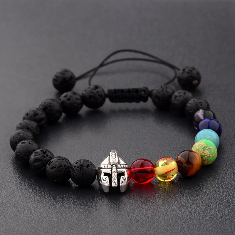 Natural Lava Stone Roman Knight Spartan Warrior Gladiator Helmet Bracelet Stone Bead