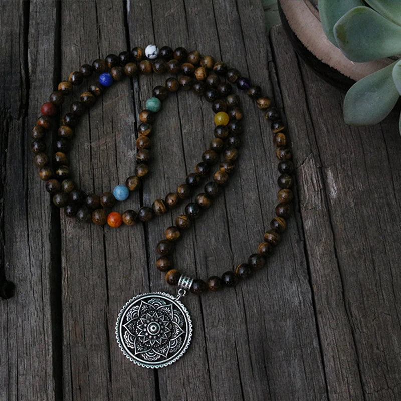 Tigers Eye, 8 Chakras, Lotus Mala Beads