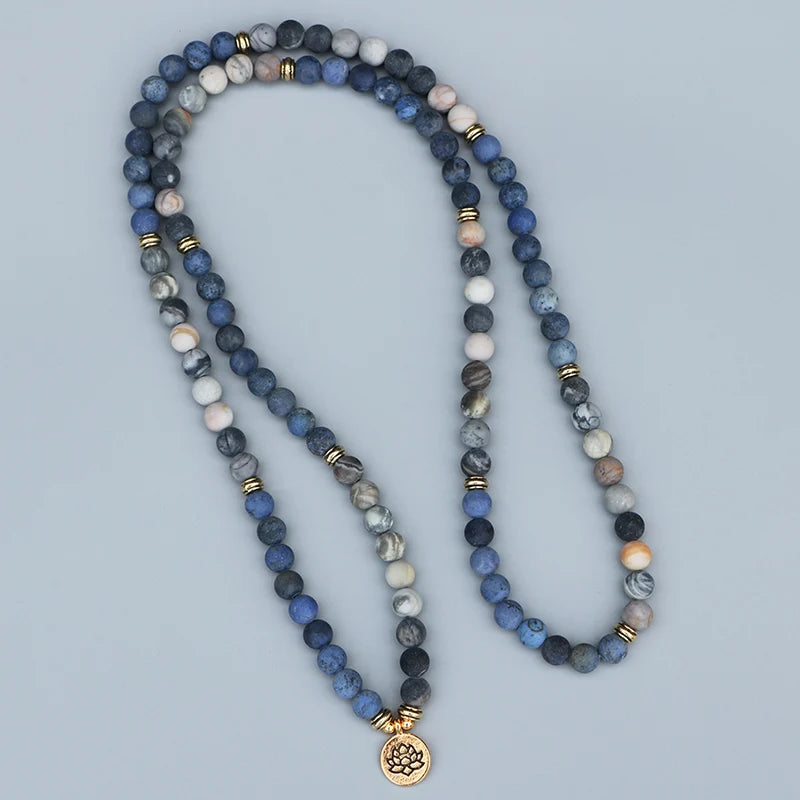 Matte Blue & Picasso Stone Lotus Style Mala Beads