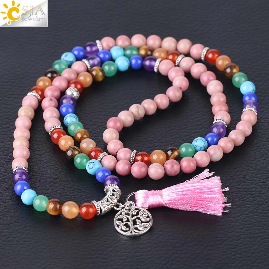 Natural Rhodonite Mala Beads with Tassel & Tree of Life Charm