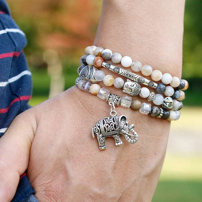 Bamboo Leaves Onyx Mala Beads with Charm