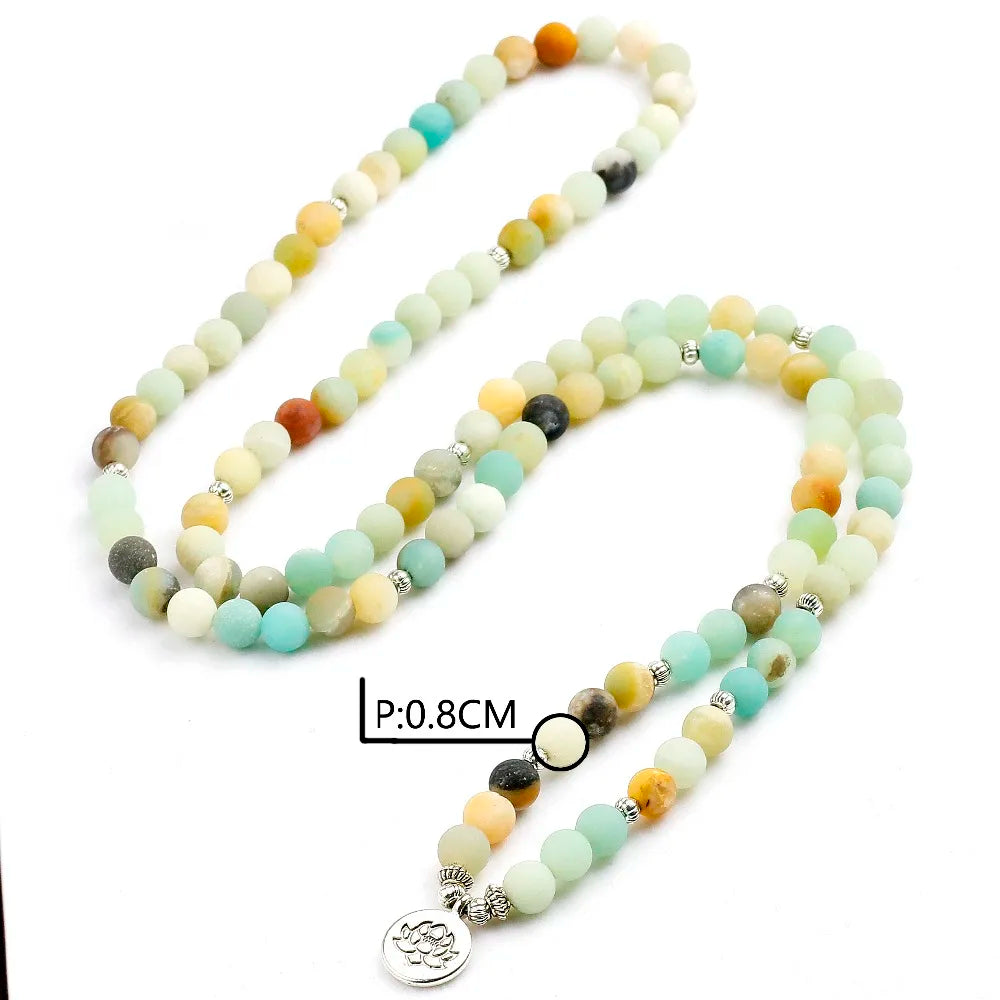 Natural Matte Amazonite Mala Beads with Charm