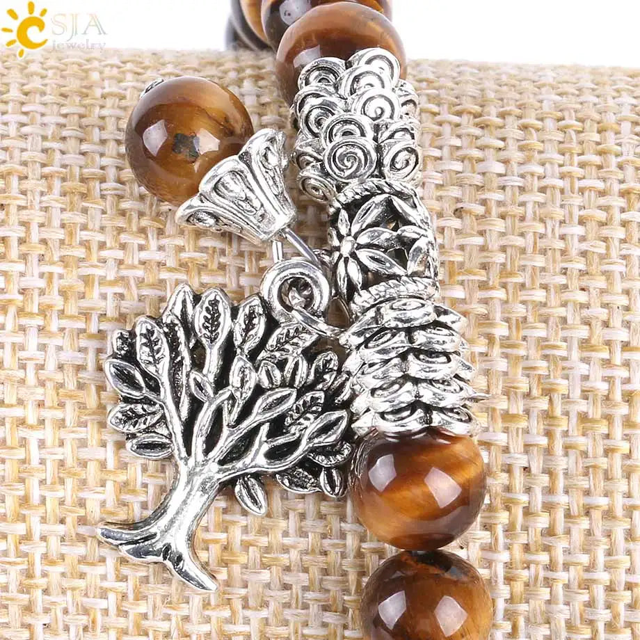 Natural Tiger's Eye Bracelet with Tree of Life Charm Life with Energy for Luck