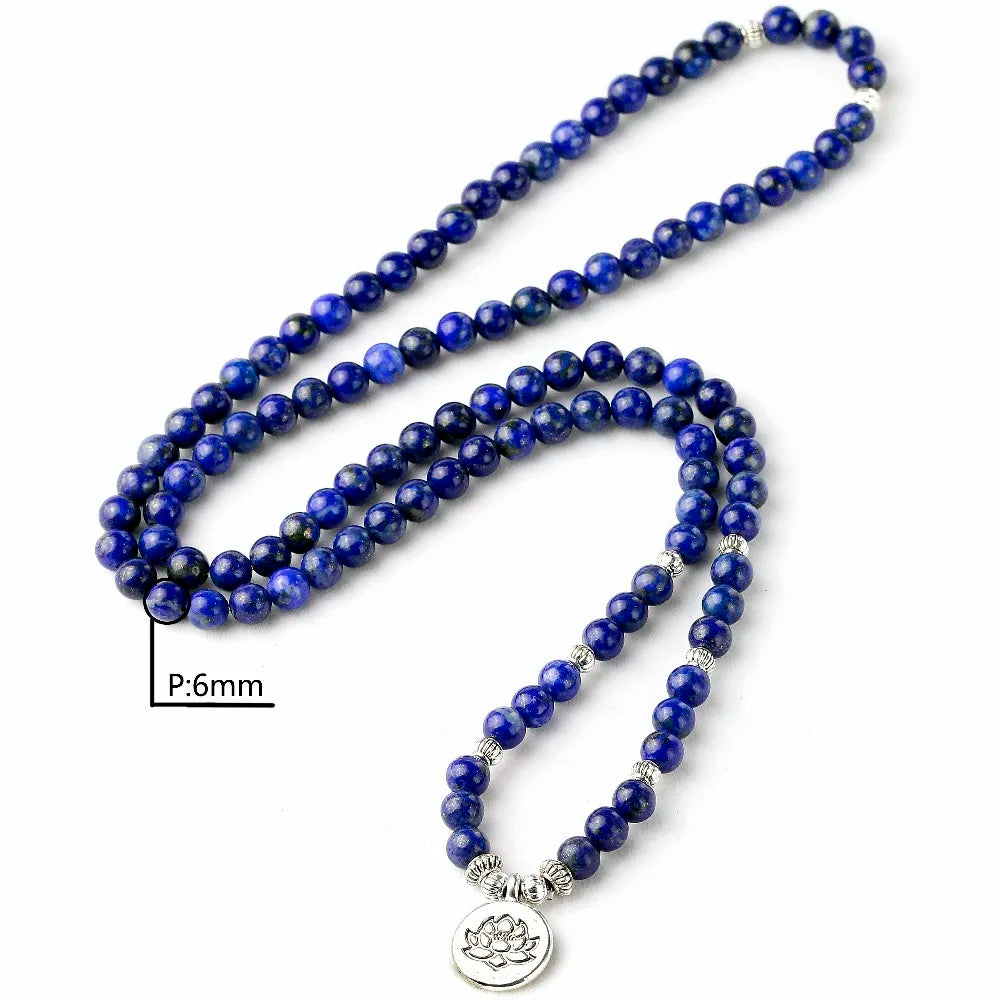 Natural Lapis Lazuli Mala Beads with Tibetan Healing Charms