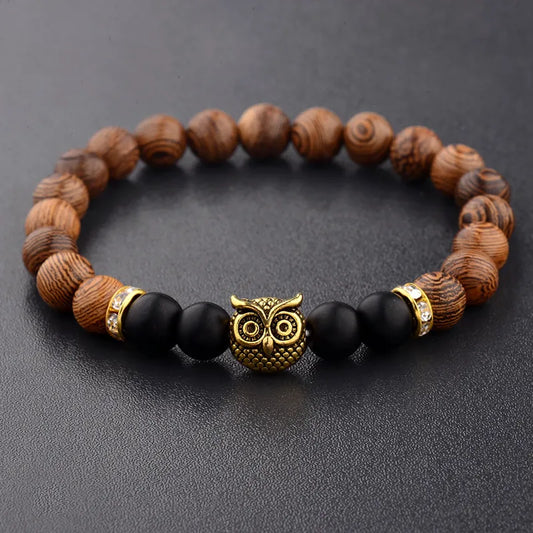 Wooden Bead Bracelets with Owl Charm