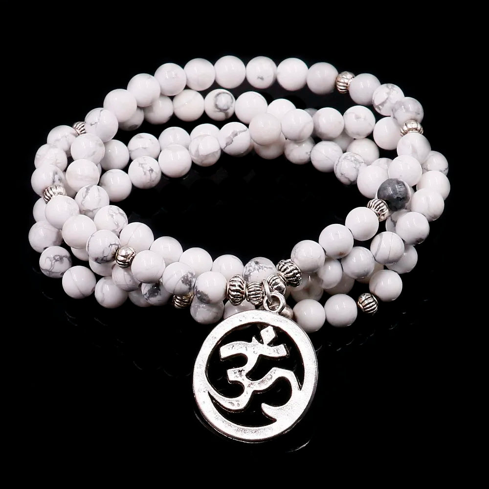 White Howlite Mala Beads with Lotus Charm