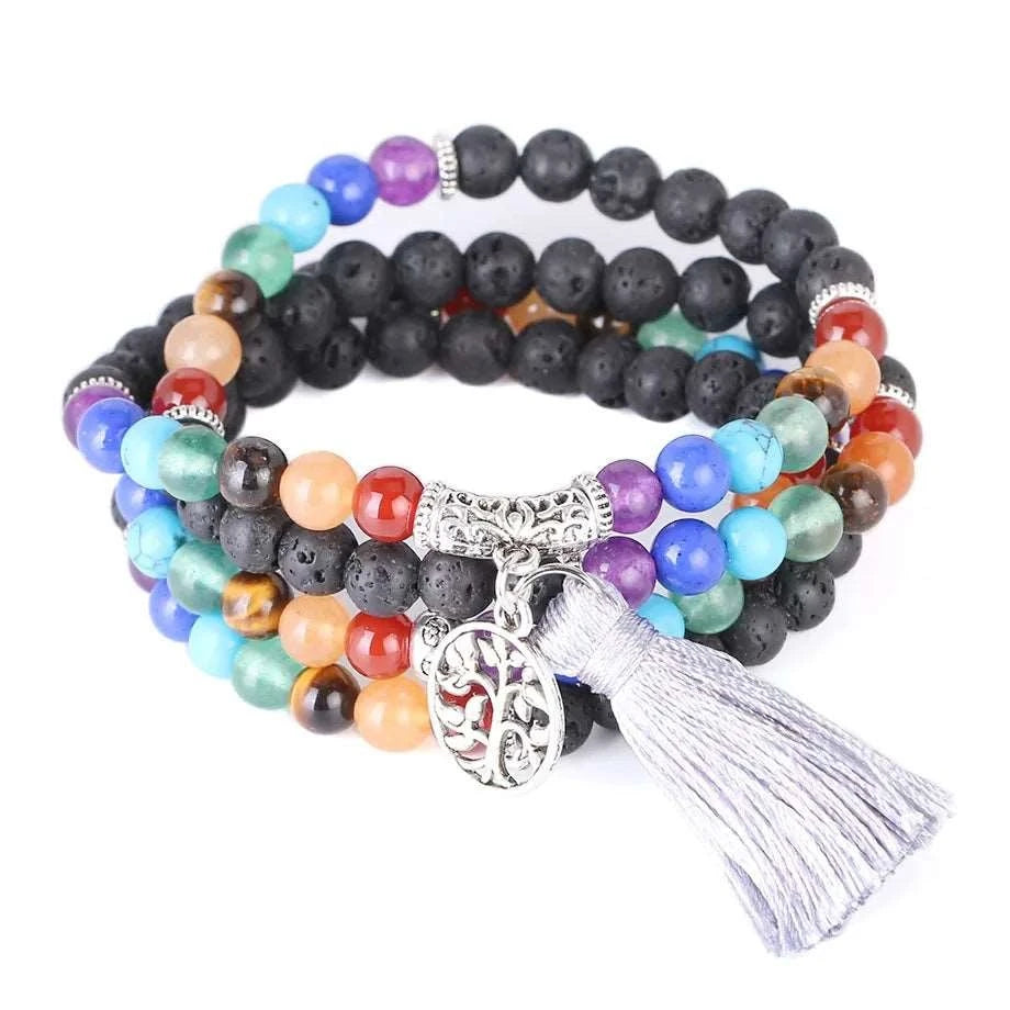 7 Chakra Natural Black Lava Rock Mala Beads with Tassel