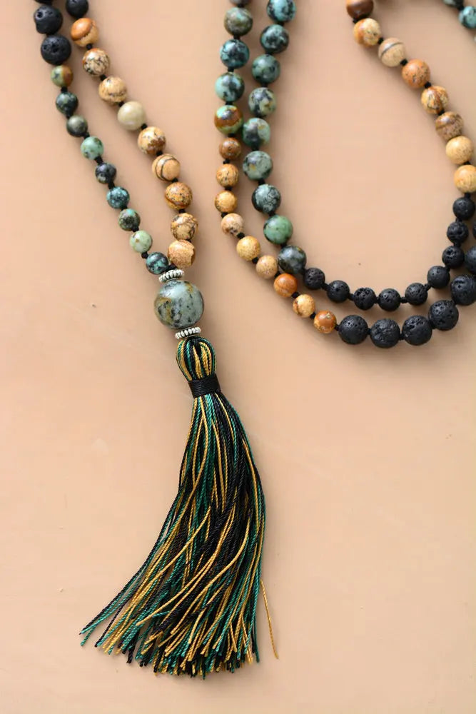 Natural Lava Stone Mala Beads with Tassel