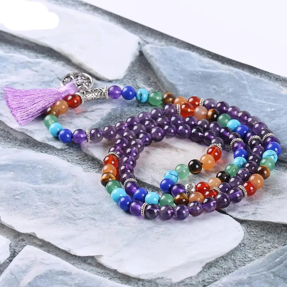 Natural Purple Quartz 7 Chakra Mala Beads with Tassel & Charm