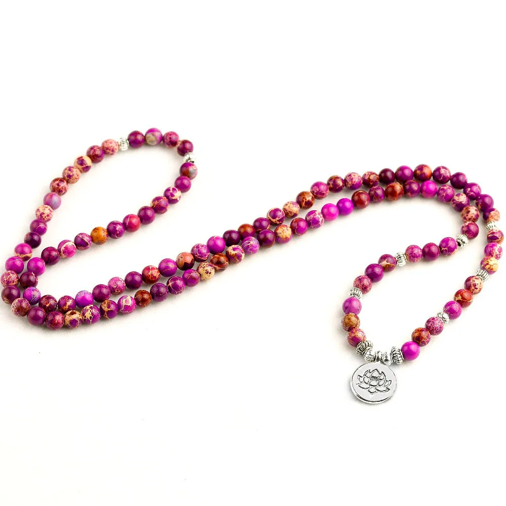 Natural Purple Sea Sediment Stone Mala Beads with Charm