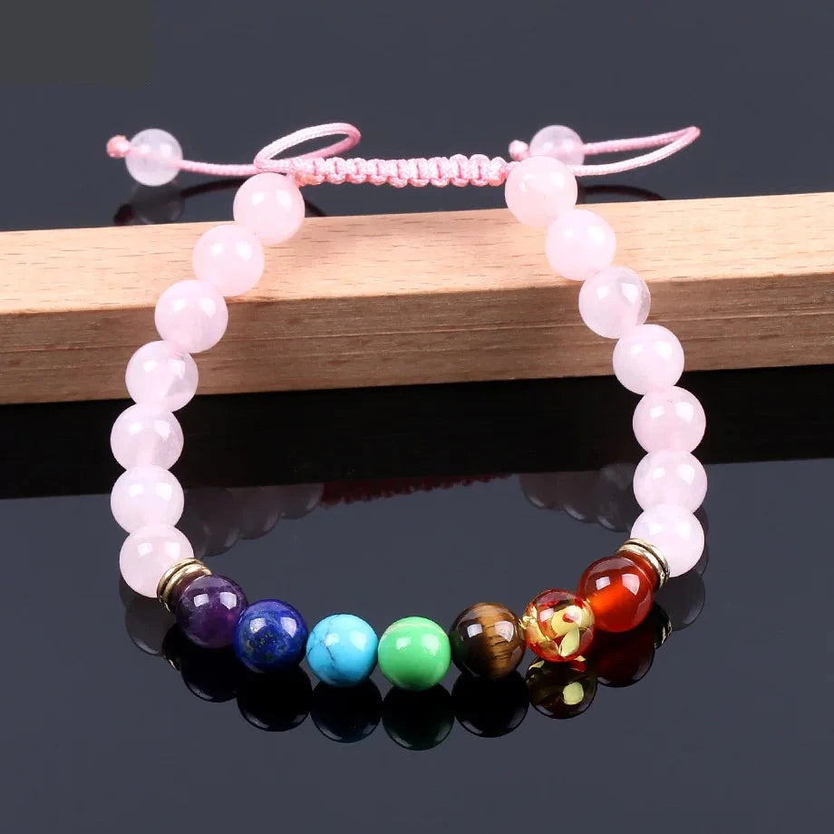 Natural Pink Quartz Crystal 7 Chakra Energy Bracelet