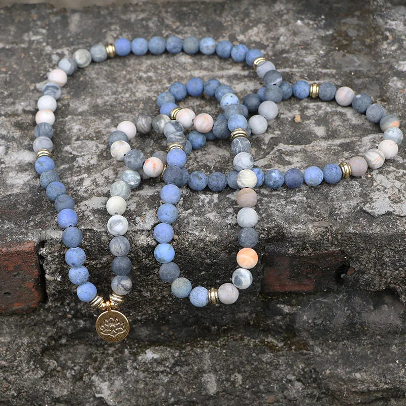 Matte Blue & Picasso Stone Lotus Style Mala Beads