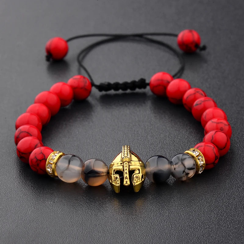 Natural Lava Stone Roman Knight Spartan Warrior Gladiator Helmet Bracelet Stone Bead