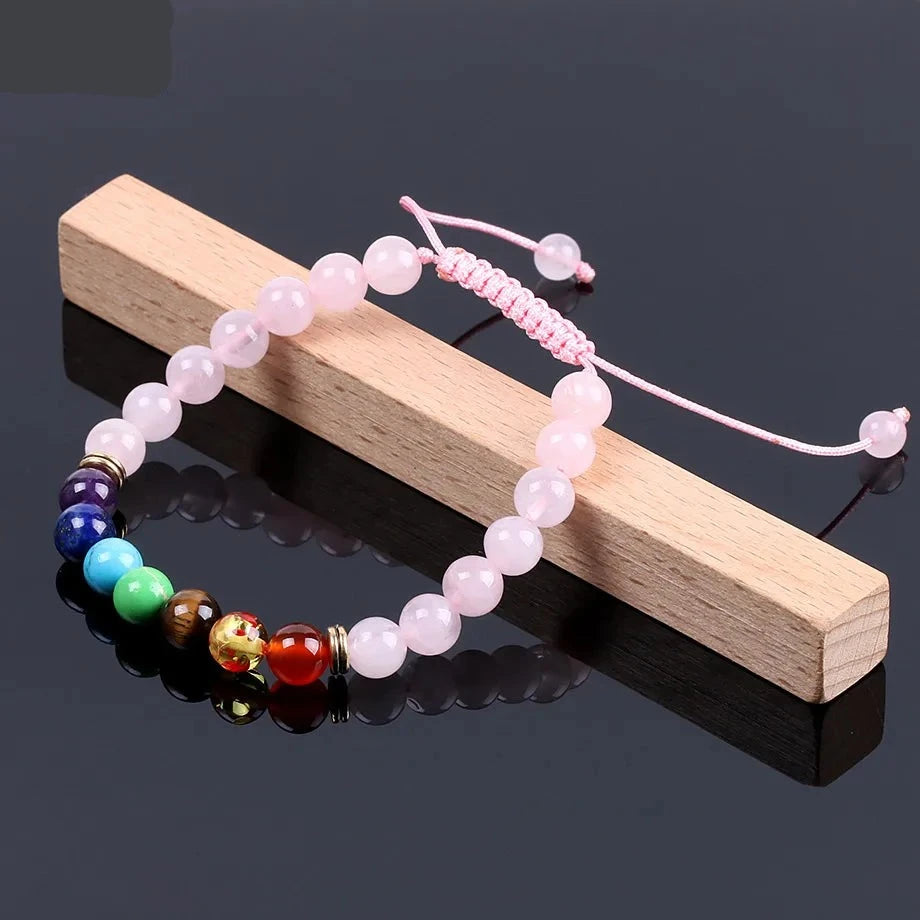 Natural Pink Quartz Crystal 7 Chakra Energy Bracelet