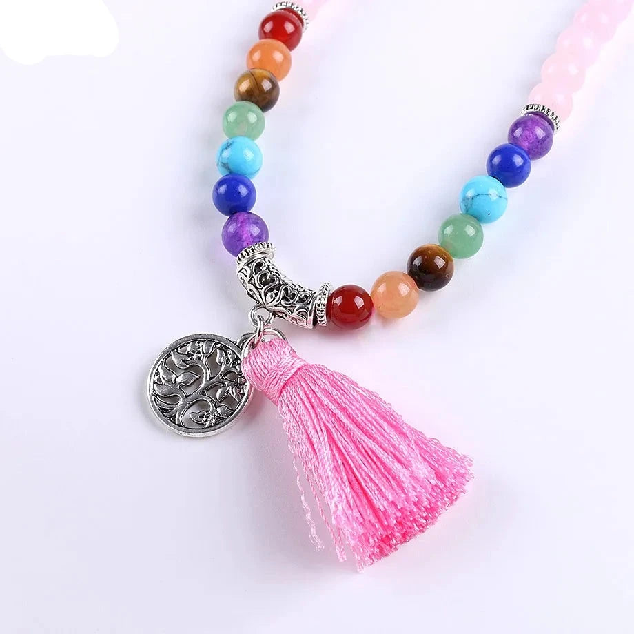 Natural Pink Quartz Chakra Mala Beads with Tassel and Charm