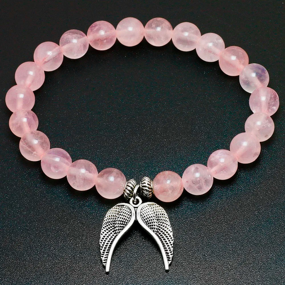 Natural Pink Quartz Bracelet with Angel Wings Charm