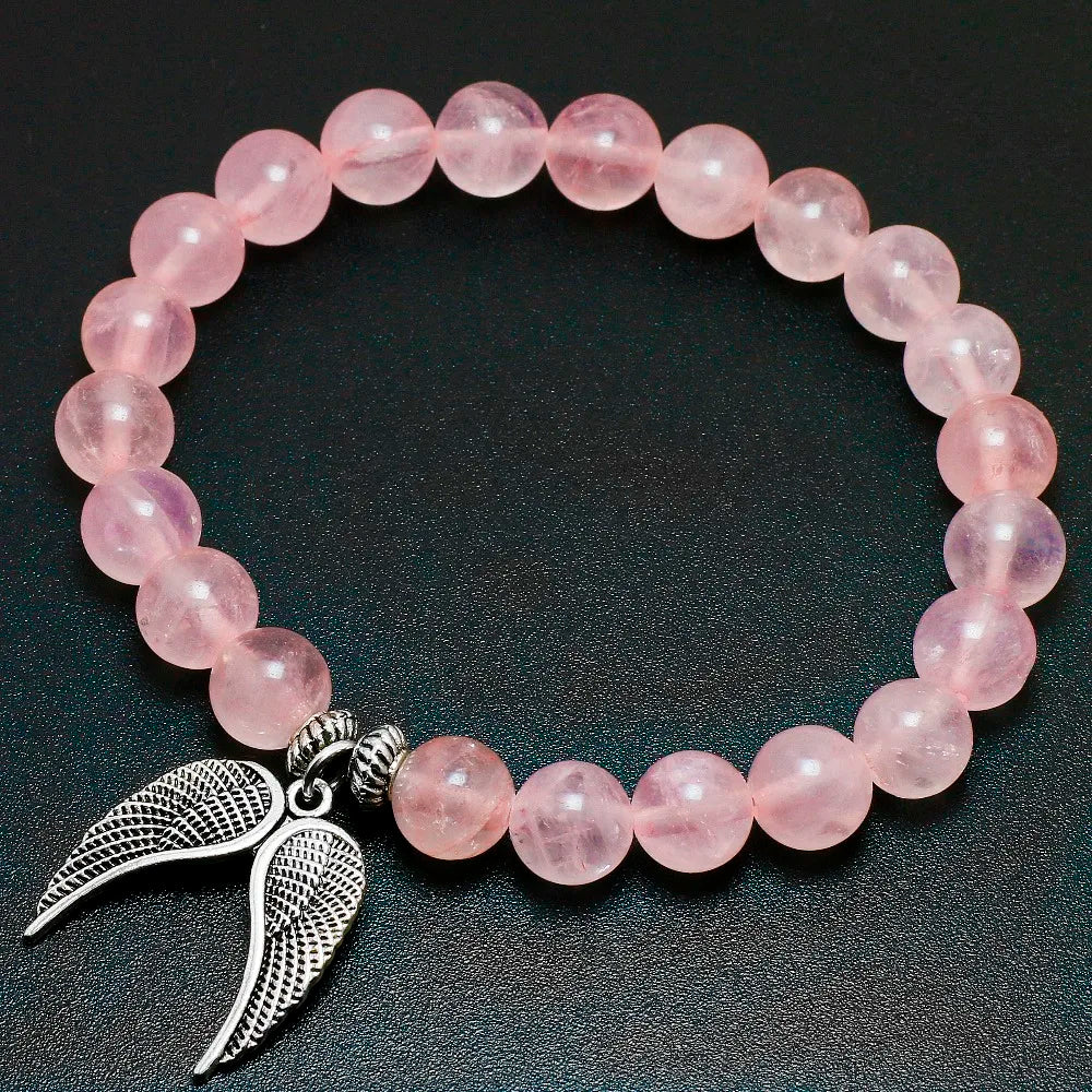 Natural Pink Quartz Bracelet with Angel Wings Charm