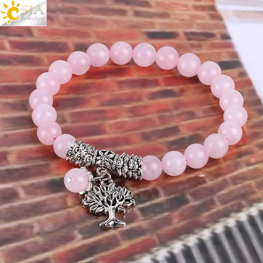 Natural Pink Quartz Diffuser Bracelet with Tree of Life Charm