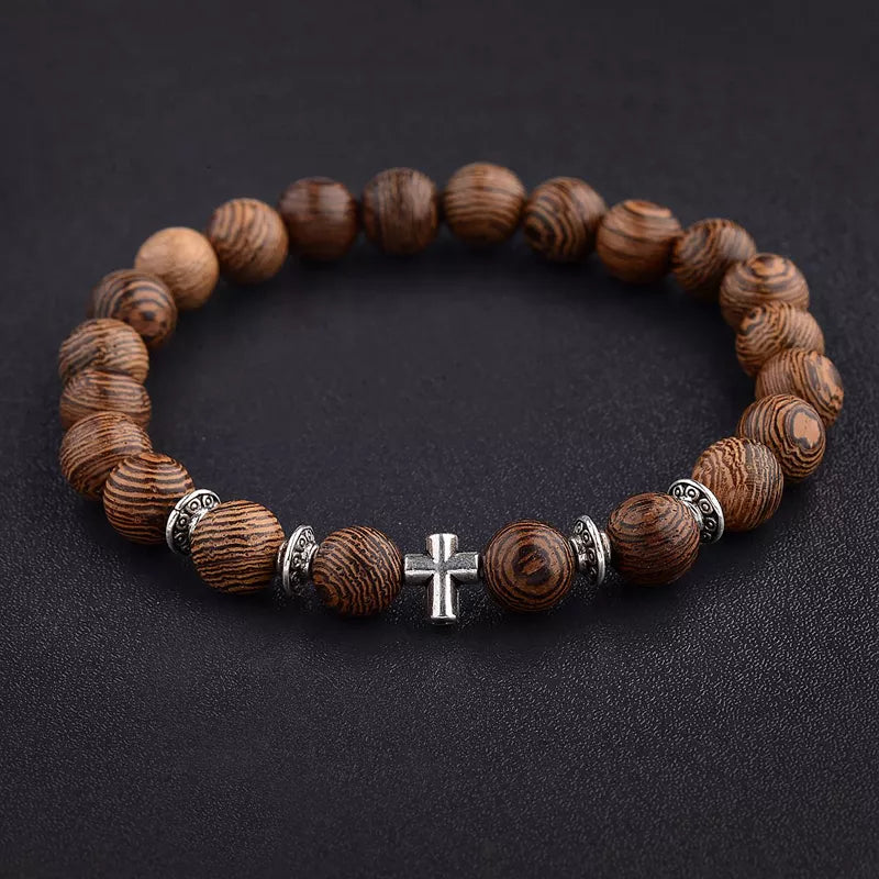 Natural Wood & Onyx Beads Cross Bracelet