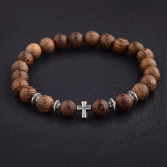 Natural Wood & Onyx Beads Cross Bracelet