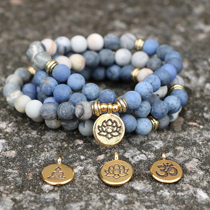 Matte Blue & Picasso Stone Lotus Style Mala Beads