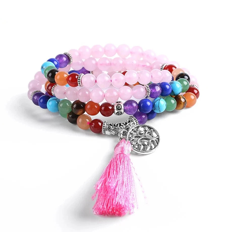 Natural Pink Quartz Chakra Mala Beads with Tassel and Charm