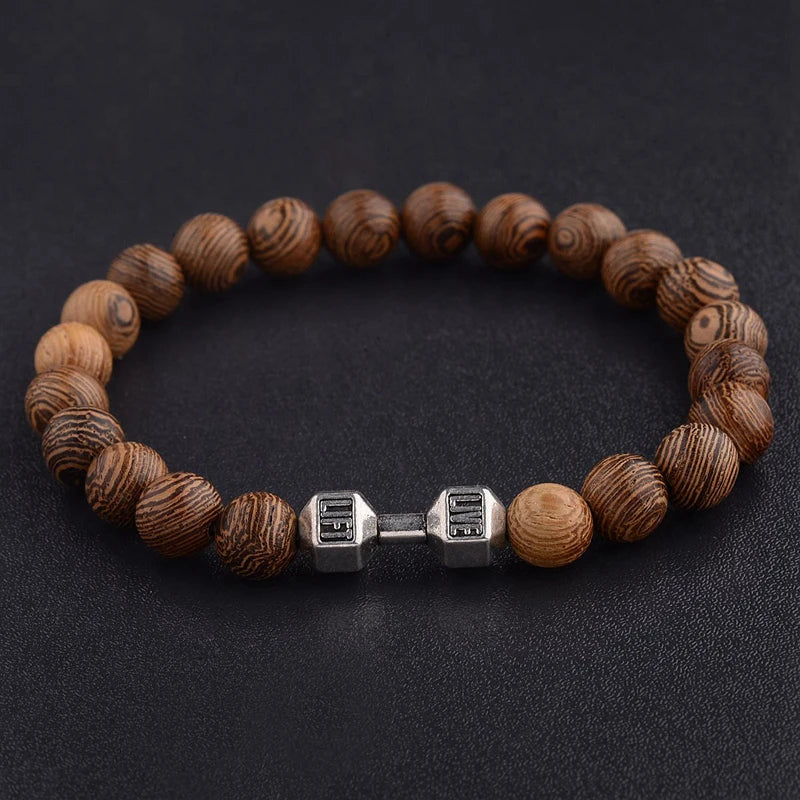 Natural Wood & Onyx Beads Cross Bracelet