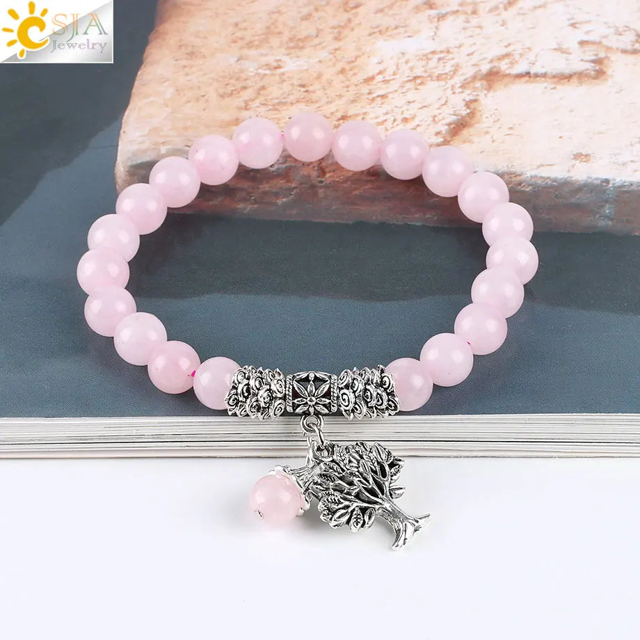 Natural Pink Quartz Diffuser Bracelet with Tree of Life Charm