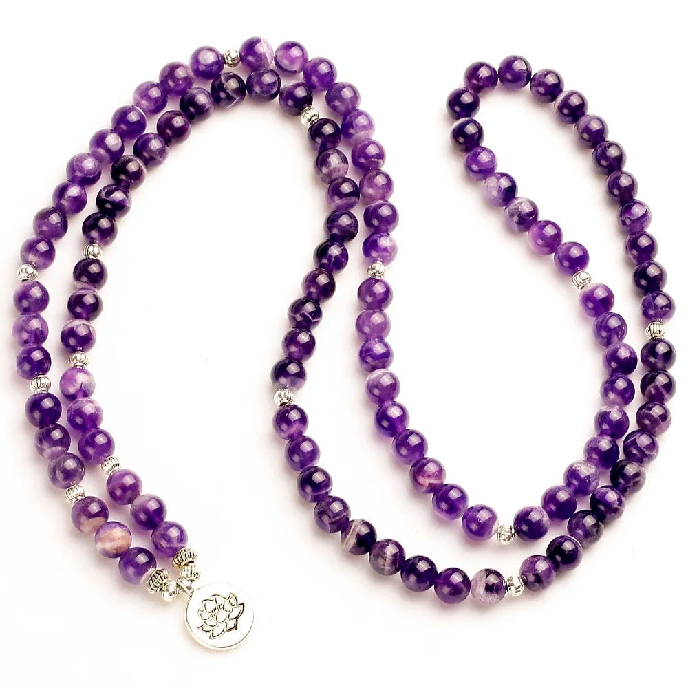 Natural Purple Quartz Mala Beads with Charm