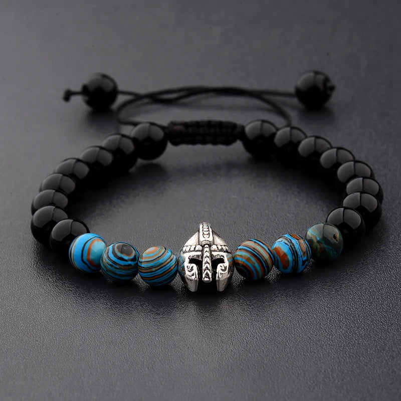 Natural Lava Stone Roman Knight Spartan Warrior Gladiator Helmet Bracelet Stone Bead