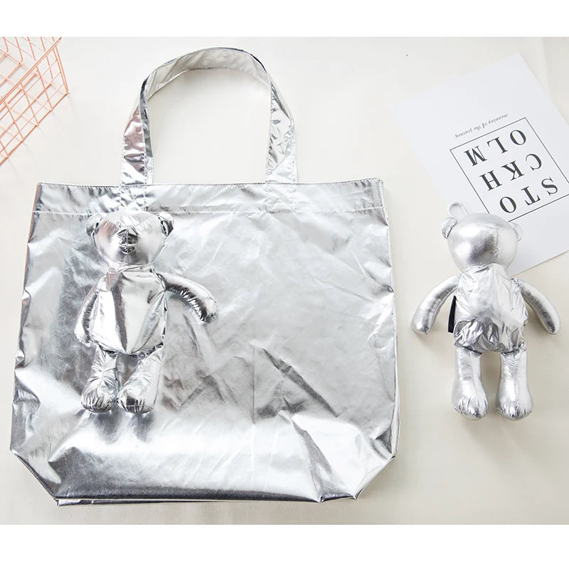 Eco-Friendly Silver Bear Waterproof Reusable Shoulder Shopping Bag