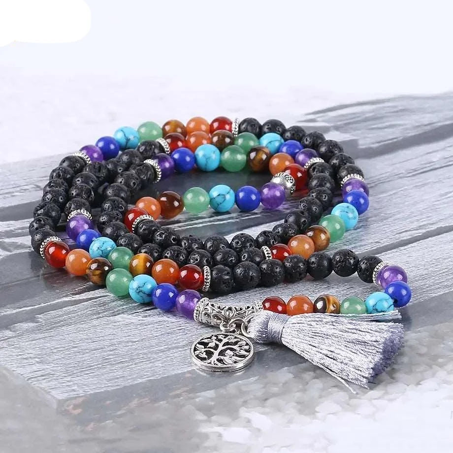 7 Chakra Natural Black Lava Rock Mala Beads with Tassel