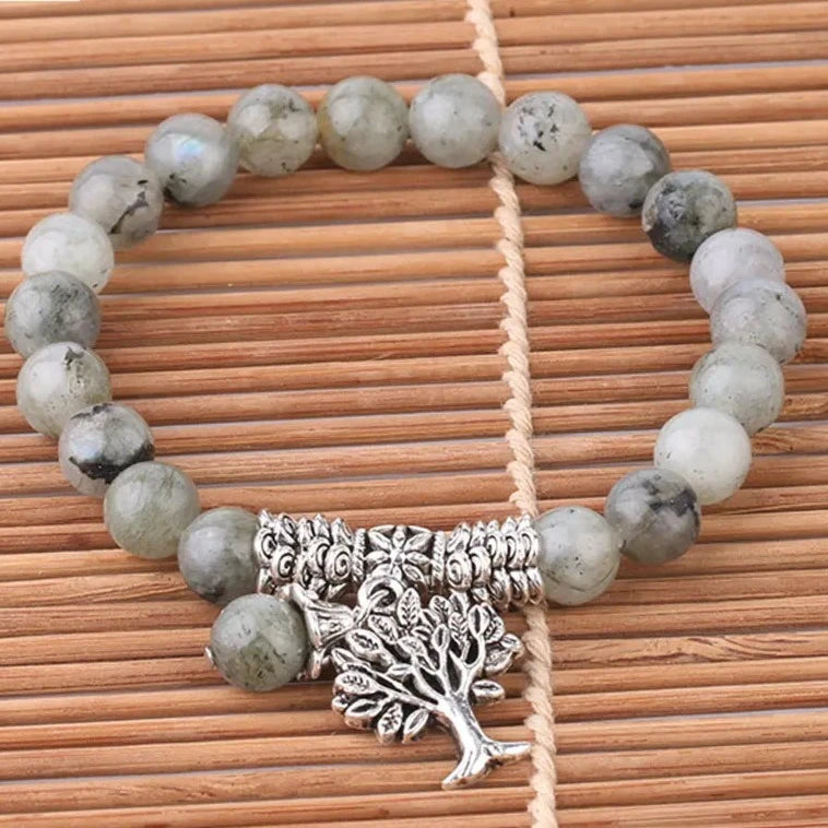 Natural Labradorite Spectrolite Bracelet with Tree of Life Charm