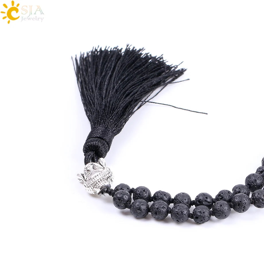 Natural Black Lava Volcano Mala Beads with Silk Tassel & Silver Buddha Charm