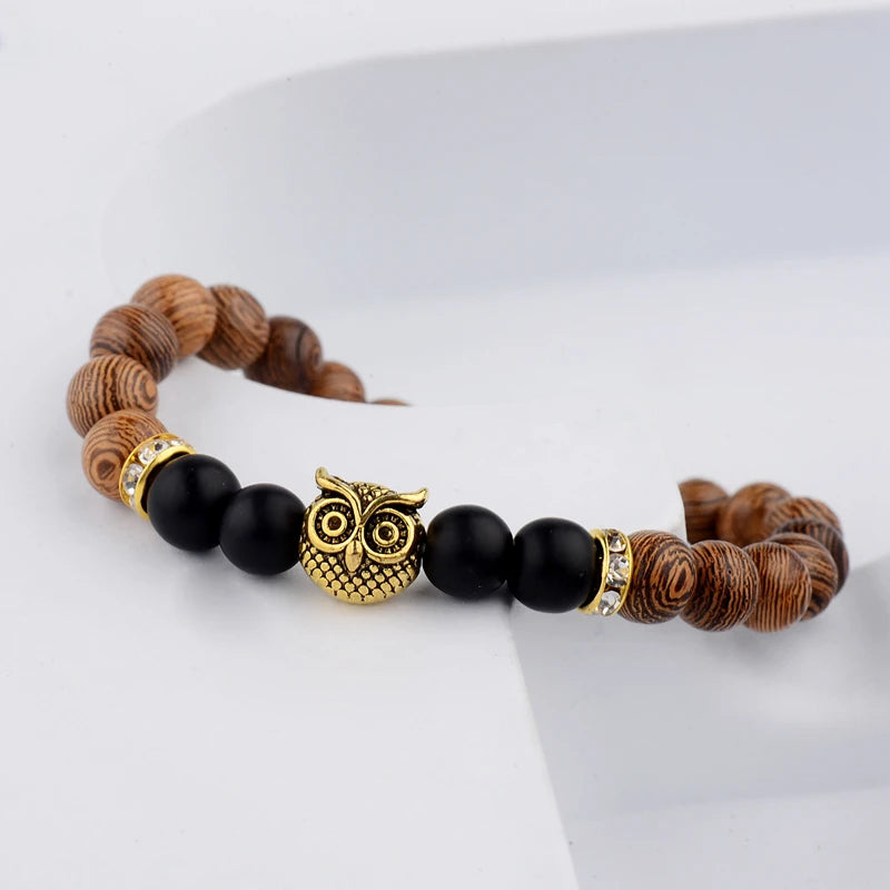 Wooden Bead Bracelets with Owl Charm