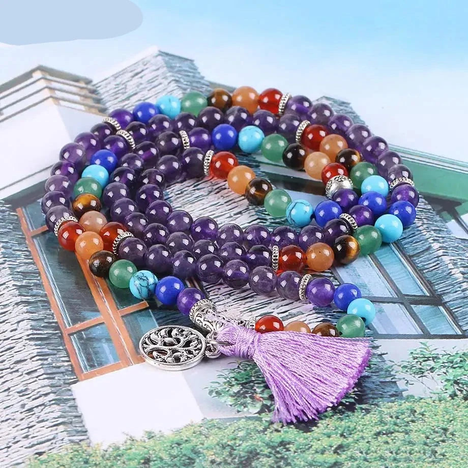 Natural Purple Quartz 7 Chakra Mala Beads with Tassel & Charm