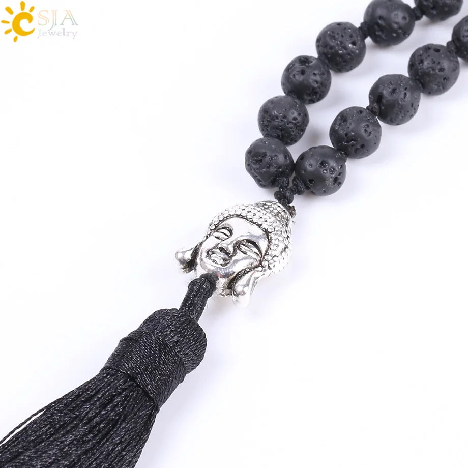 Natural Black Lava Volcano Mala Beads with Silk Tassel & Silver Buddha Charm