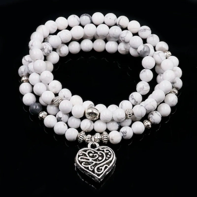 White Howlite Mala Beads with Lotus Charm