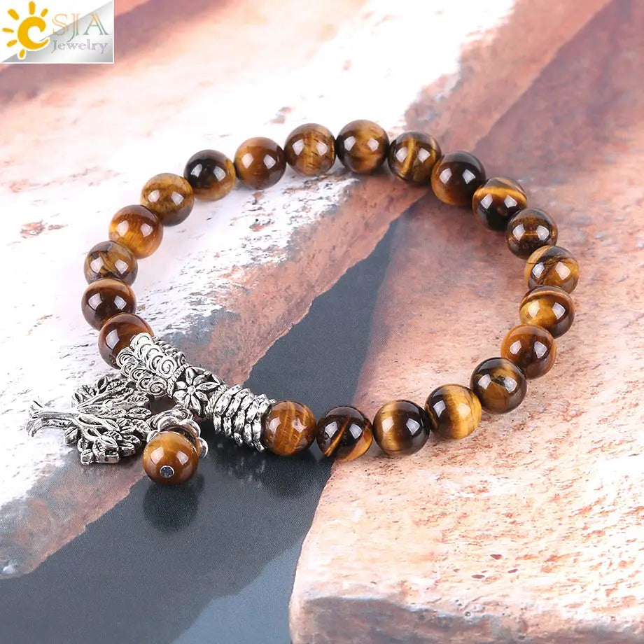 Natural Tiger's Eye Bracelet with Tree of Life Charm Life with Energy for Luck