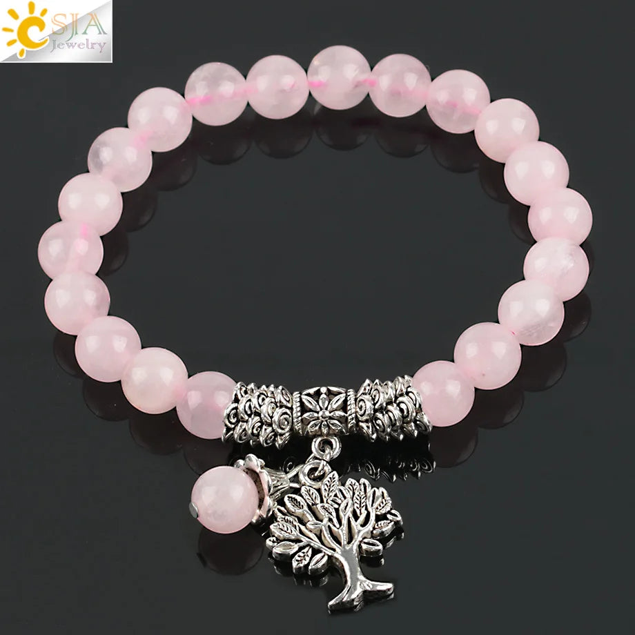 Natural Pink Quartz Diffuser Bracelet with Tree of Life Charm