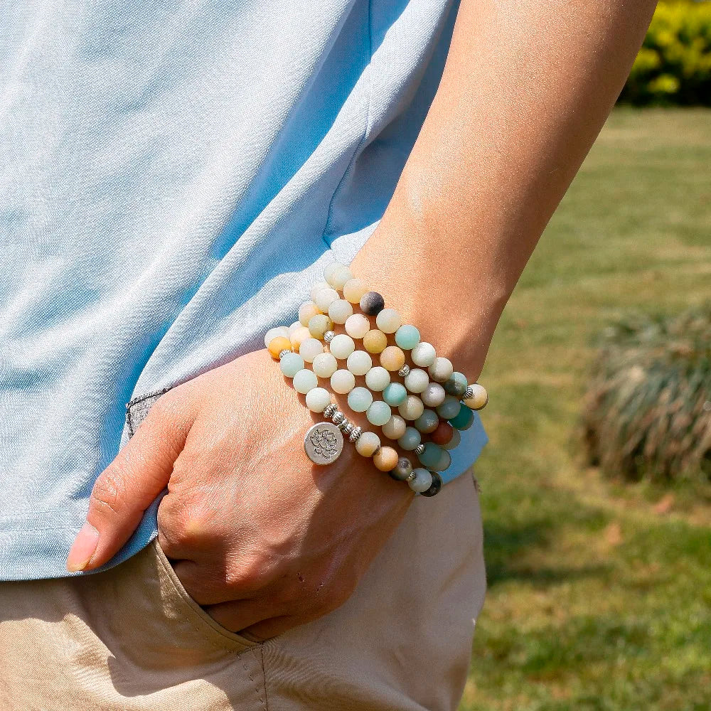 Natural Matte Amazonite Mala Beads with Charm