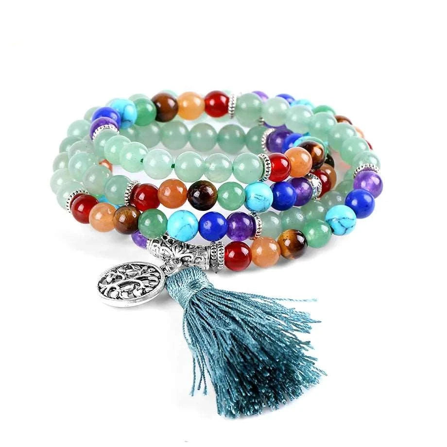 Beautiful Natural Stone Mala Beads with Silver Charm and Tassel