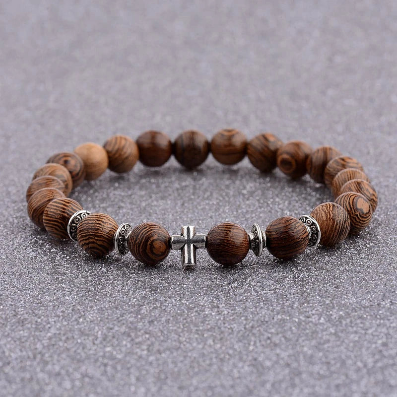 Natural Wood & Onyx Beads Cross Bracelet