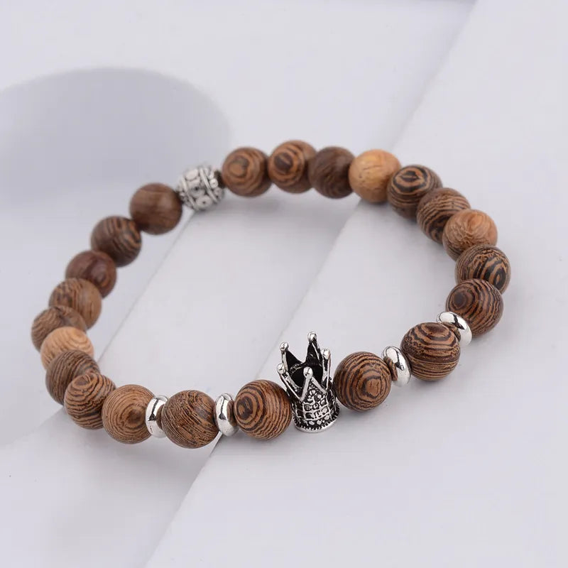 Natural Wood & Onyx Beads Cross Bracelet