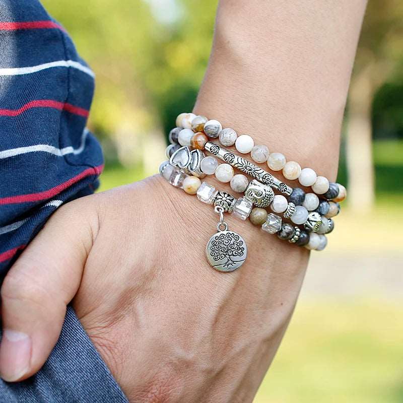 Bamboo Leaves Onyx Mala Beads with Charm