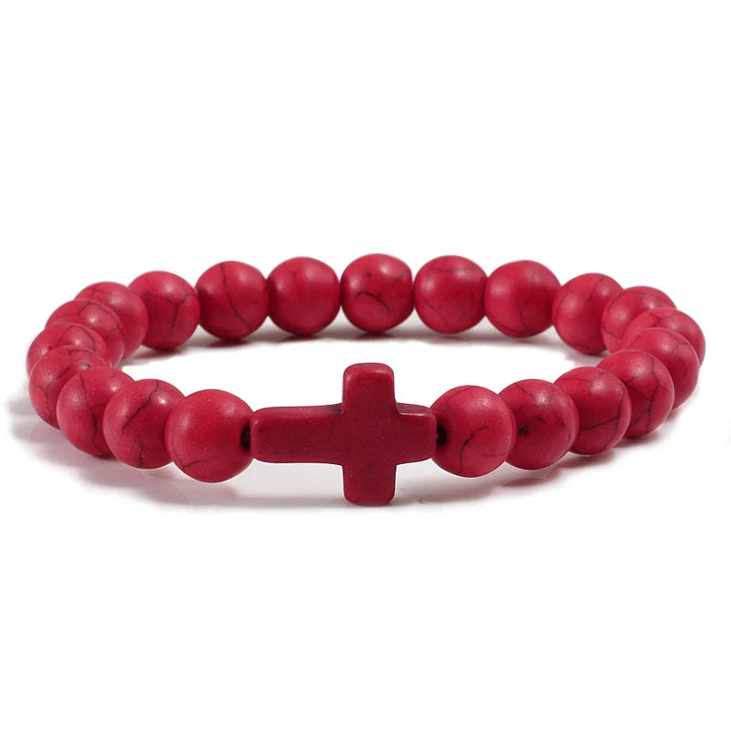 Natural Stone Beaded Bracelet with Cross Charm