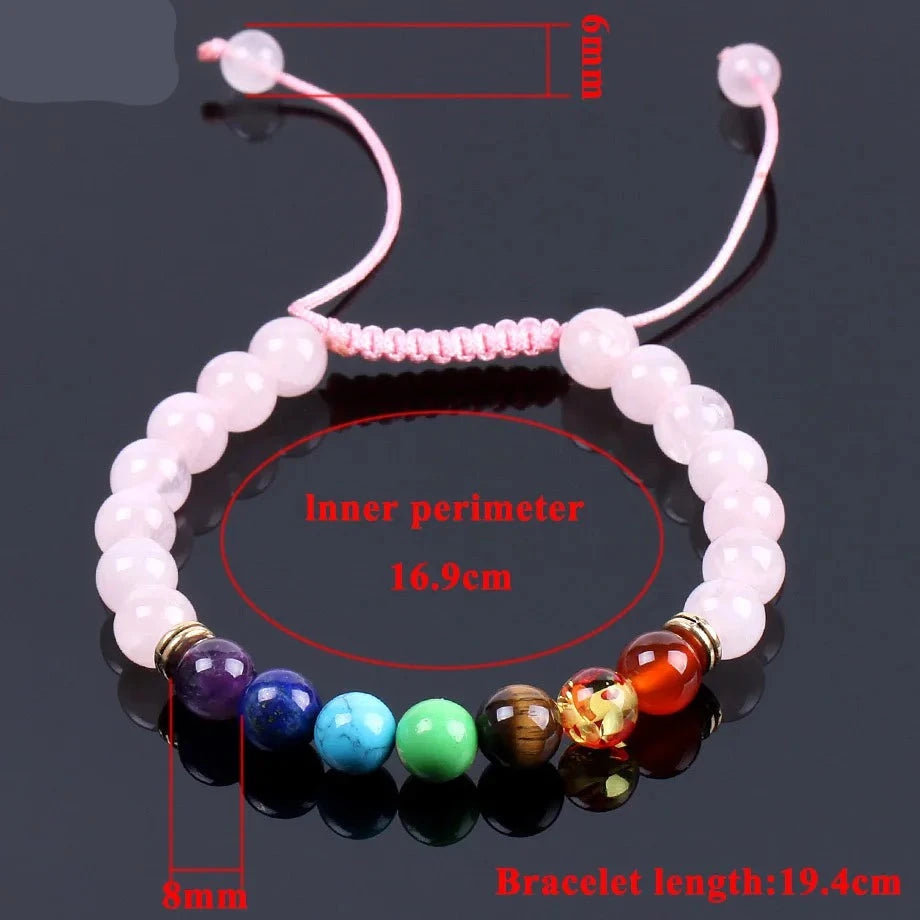 Natural Pink Quartz Crystal 7 Chakra Energy Bracelet