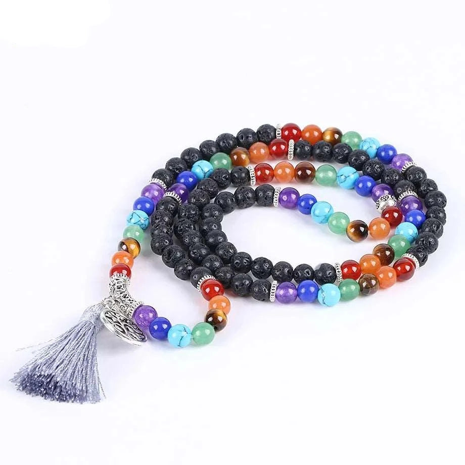 7 Chakra Natural Black Lava Rock Mala Beads with Tassel